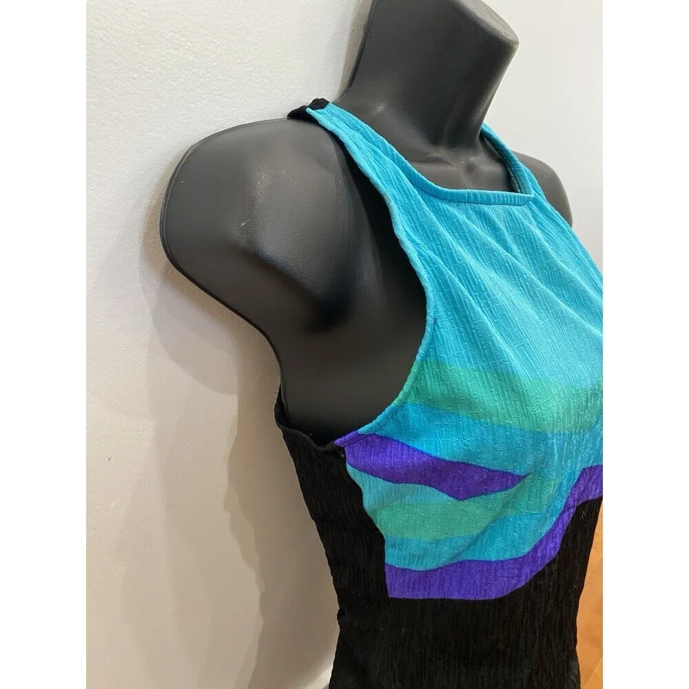 Jantzen Vintage Geometric One Piece High Neck Swimsuit 12 Blue Purple Black